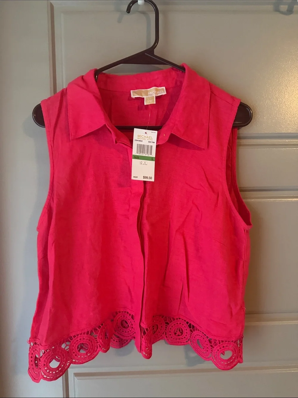 NWT Michael Kors Deep Pink Sleeveless Linen Blend Top with Crochet Hem
